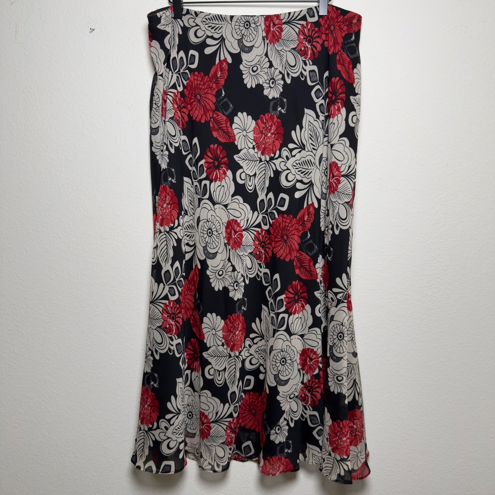 VTG Y2K Indie Grunge Maxi Skirt XL Black Floral Chiffon Maxi A-Line Red Fairy